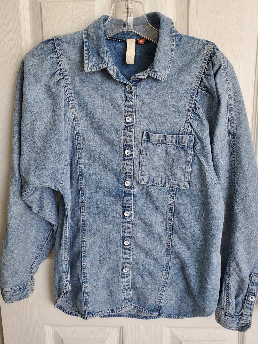 Pilcro Anthropologie Puff Sleeve XS Denim Button Down Shirt Patch Pocket
